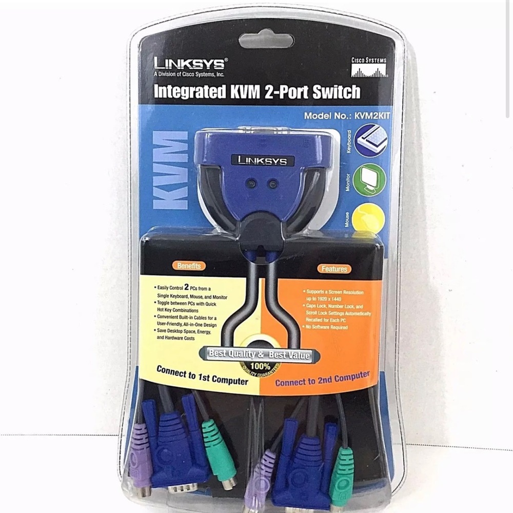 Linksys Integrated KVM 2 Port Switch KVM2KIT Built In Cables Control 2 PC Cisco